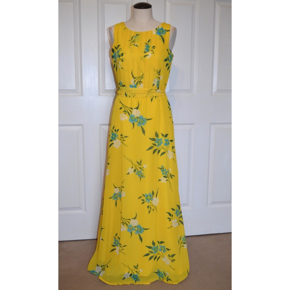Sharagano Yellow Floral Sleeveless Belted Maxi Dress Womens 2 Chiffon Lined